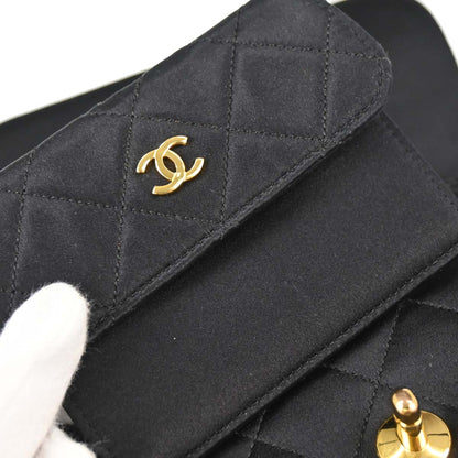 Chanel 1989-1991 Black Satin Full Flap Shoulder Bag