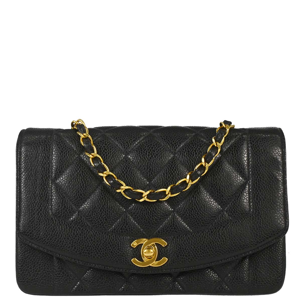 Chanel 1991-1994 Black Caviar Skin Small Diana Shoulder Bag