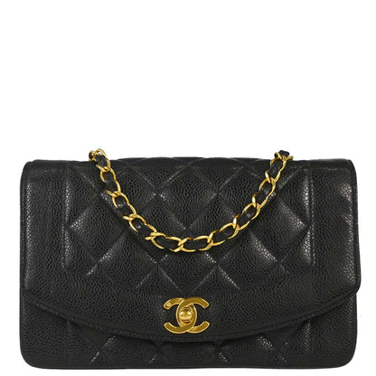 Chanel 1991-1994 Black Caviar Skin Small Diana Shoulder Bag