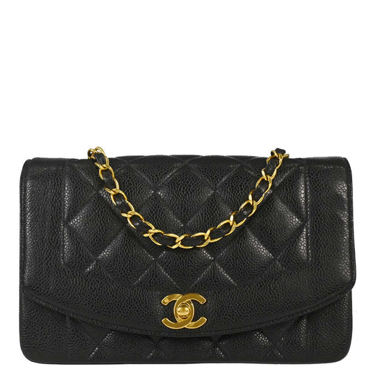 Chanel 1991-1994 Black Caviar Skin Small Diana Shoulder Bag