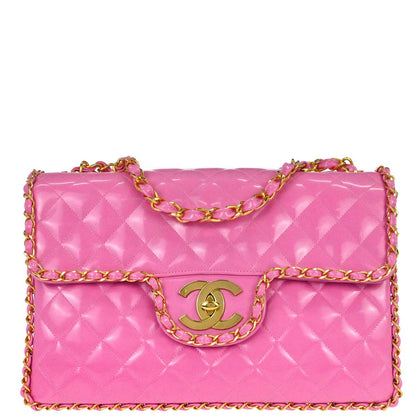Chanel 1994-1996 Pink Patent Leather Maxi Classic Flap Shoulder Bag