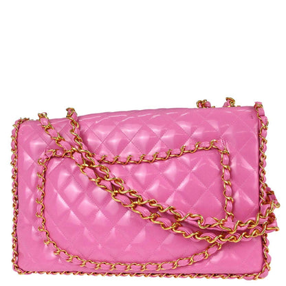 Chanel 1994-1996 Pink Patent Leather Maxi Classic Flap Shoulder Bag