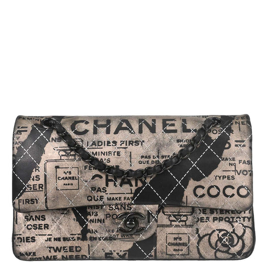 Chanel 2015-2016 Beige Lambskin Limited Newspaper Medium Classic Double Flap Bag