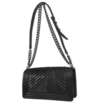 Boy Chanel Black Lambskin Chevron Medium Double Chain Shoulder Bag