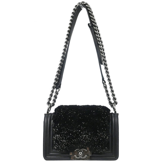 Boy Chanel 2017 Black Lambskin Lapin Fur Small Chain Shoulder Bag