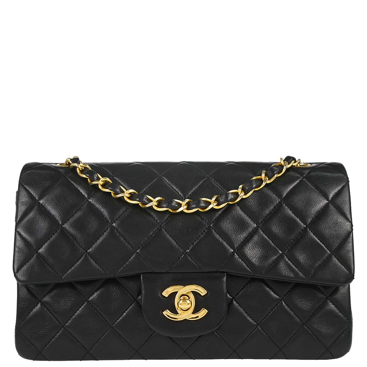 Chanel 1989-1991 Black Lambskin Small Classic Double Flap Shoulder Bag