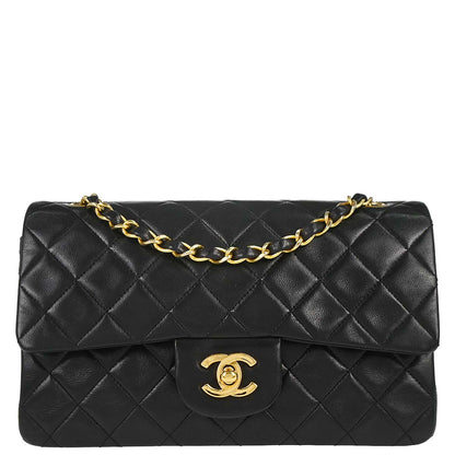 Chanel 1989-1991 Black Lambskin Small Classic Double Flap Shoulder Bag