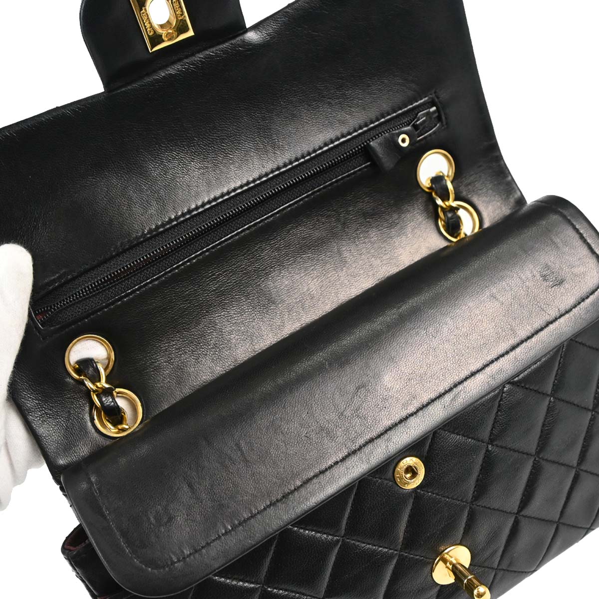 Chanel 1989-1991 Black Lambskin Small Classic Double Flap Shoulder Bag