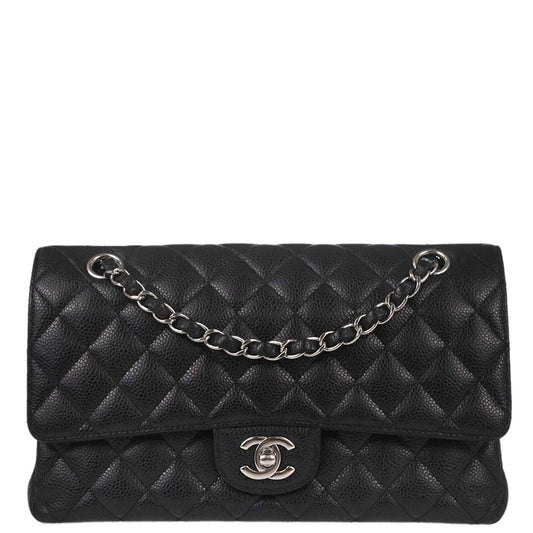 Chanel 2017-2018 Black Caviar Skin Medium Classic Double Flap Shoulder Bag