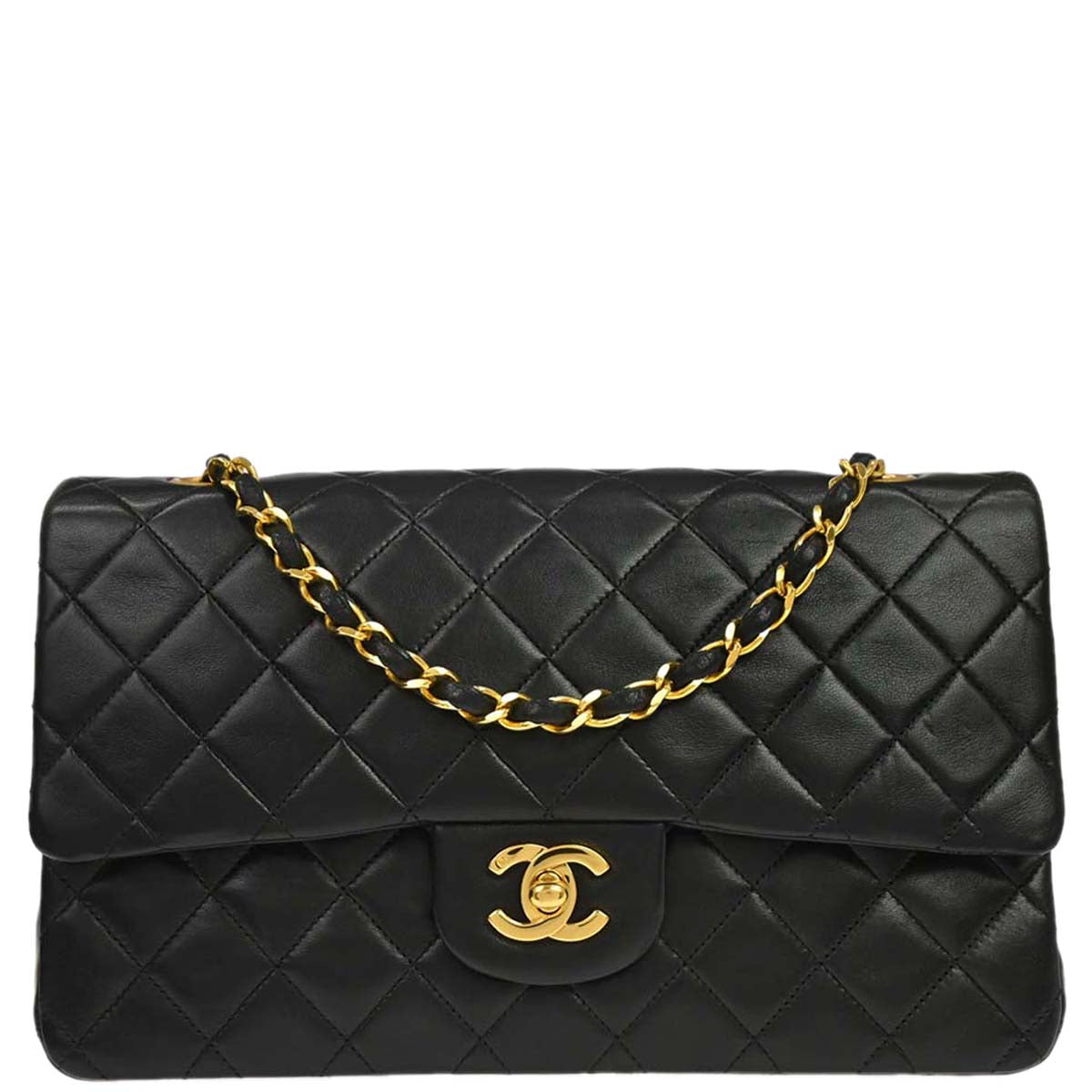 Chanel 1989-1991 Black Lambskin Medium Classic Double Flap Shoulder Bag