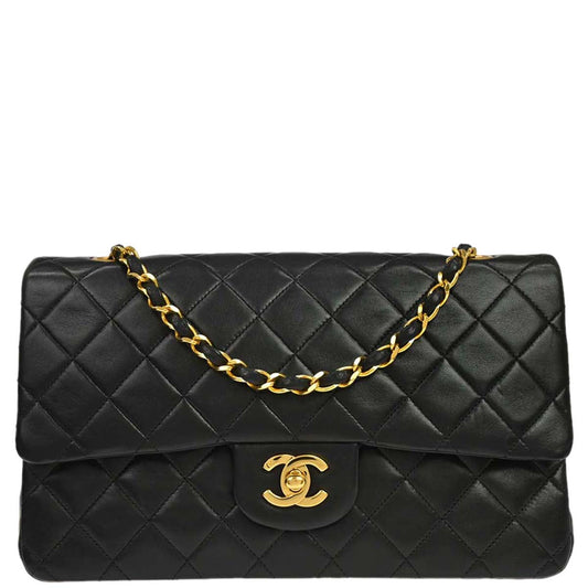 Chanel 1989-1991 Black Lambskin Medium Classic Double Flap Shoulder Bag