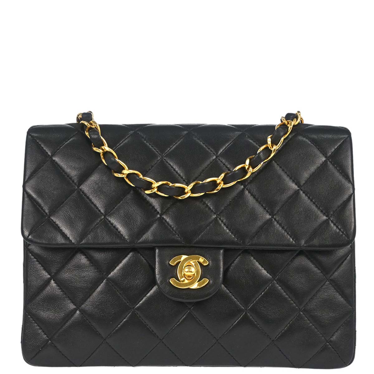 Chanel 1991-1994 Black Lambskin Classic Square Flap Shoulder Bag 20