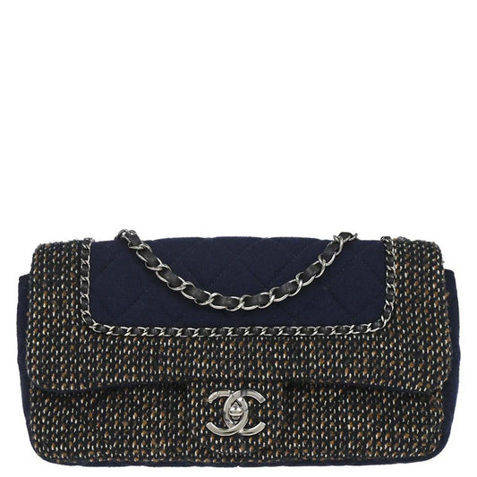 Chanel 2014-2015 Navy Black Cotton Tweed Shoulder Bag