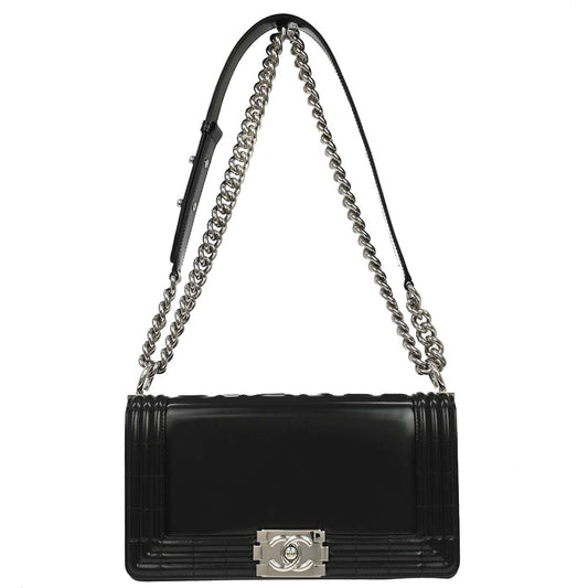 Boy Chanel 2012 Black Glazed Calfskin Medium Chain Shoulder Bag
