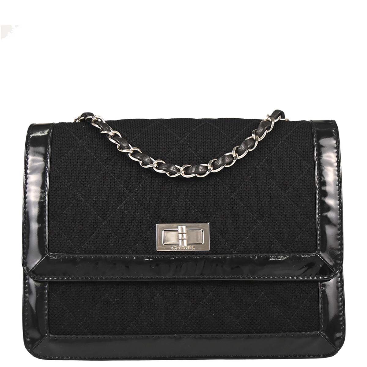 Chanel 2000-2001 Black Canvas Patent Leather Mademoiselle Lock Shoulder Bag