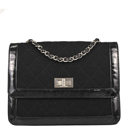 Chanel 2000-2001 Black Canvas Patent Leather Mademoiselle Lock Shoulder Bag
