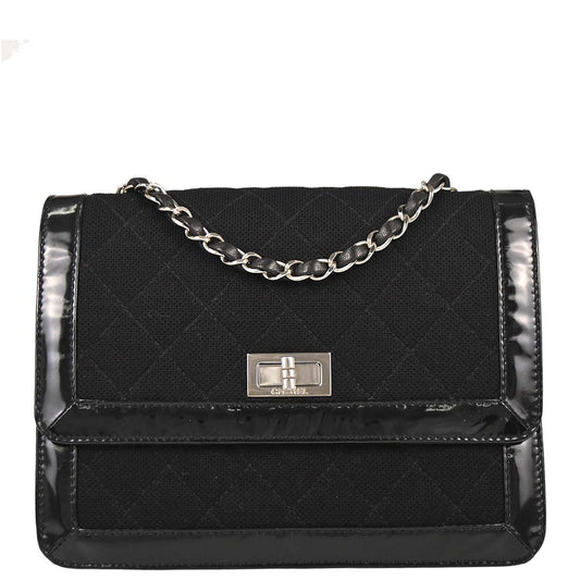 Chanel 2000-2001 Black Canvas Patent Leather Mademoiselle Lock Shoulder Bag