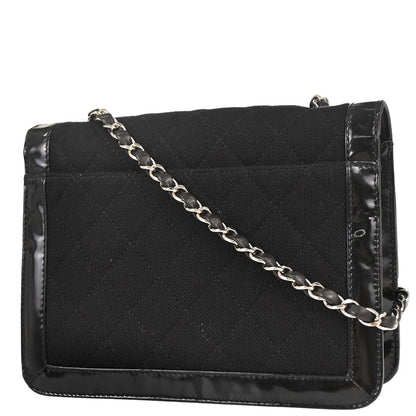 Chanel 2000-2001 Black Canvas Patent Leather Mademoiselle Lock Shoulder Bag