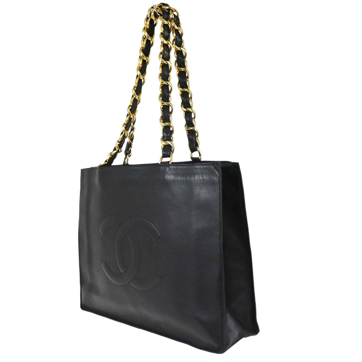 Chanel 1994-1996 Black Lambskin Chain Tote Shoulder Bag