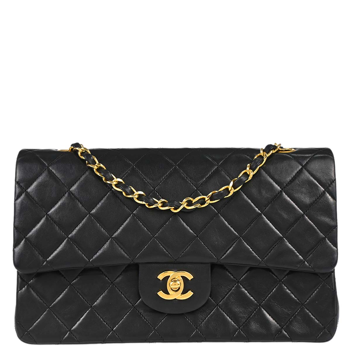 Chanel 1989-1991 Black Lambskin Medium Classic Double Flap Shoulder Bag
