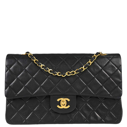 Chanel 1989-1991 Black Lambskin Medium Classic Double Flap Shoulder Bag