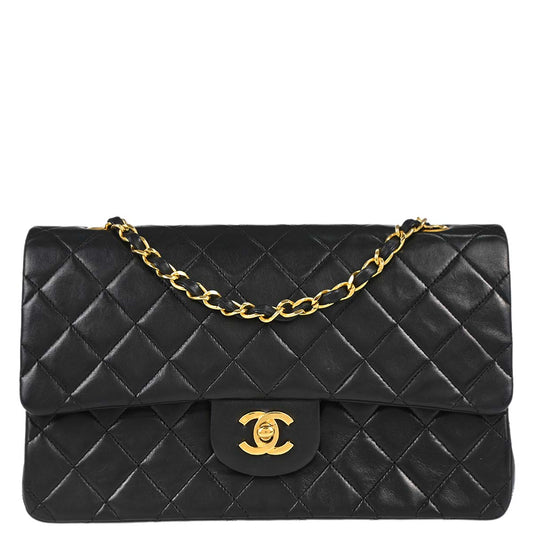 Chanel 1989-1991 Black Lambskin Medium Classic Double Flap Shoulder Bag