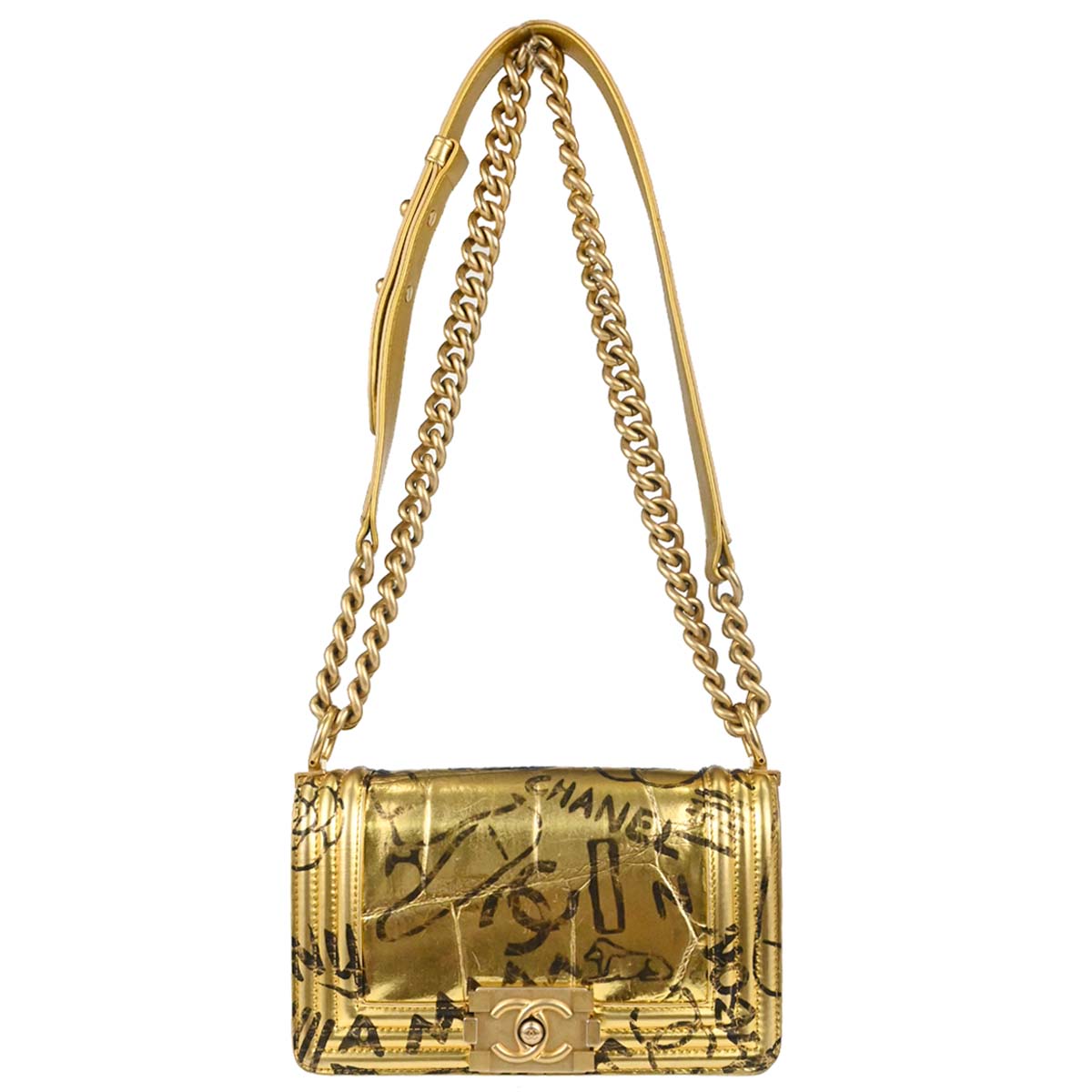 Boy Chanel 2019 Gold Embossed Calfskin Graffiti Small Chain Shoulder Bag