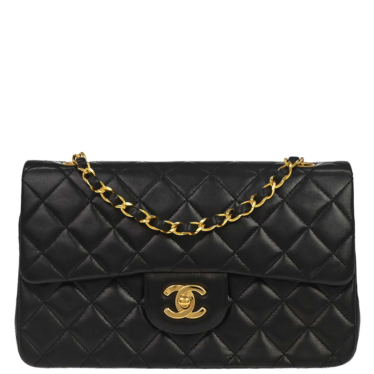 Chanel 1989-1991 Black Lambskin Small Classic Double Flap Shoulder Bag