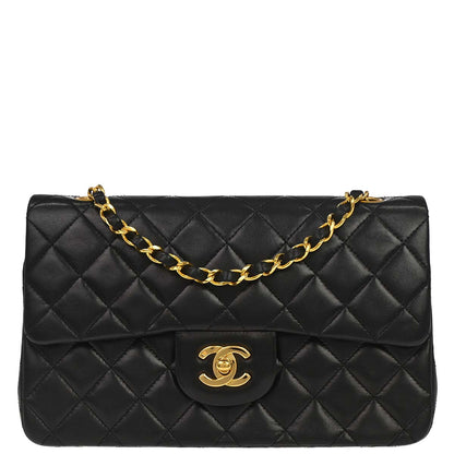 Chanel 1989-1991 Black Lambskin Small Classic Double Flap Shoulder Bag