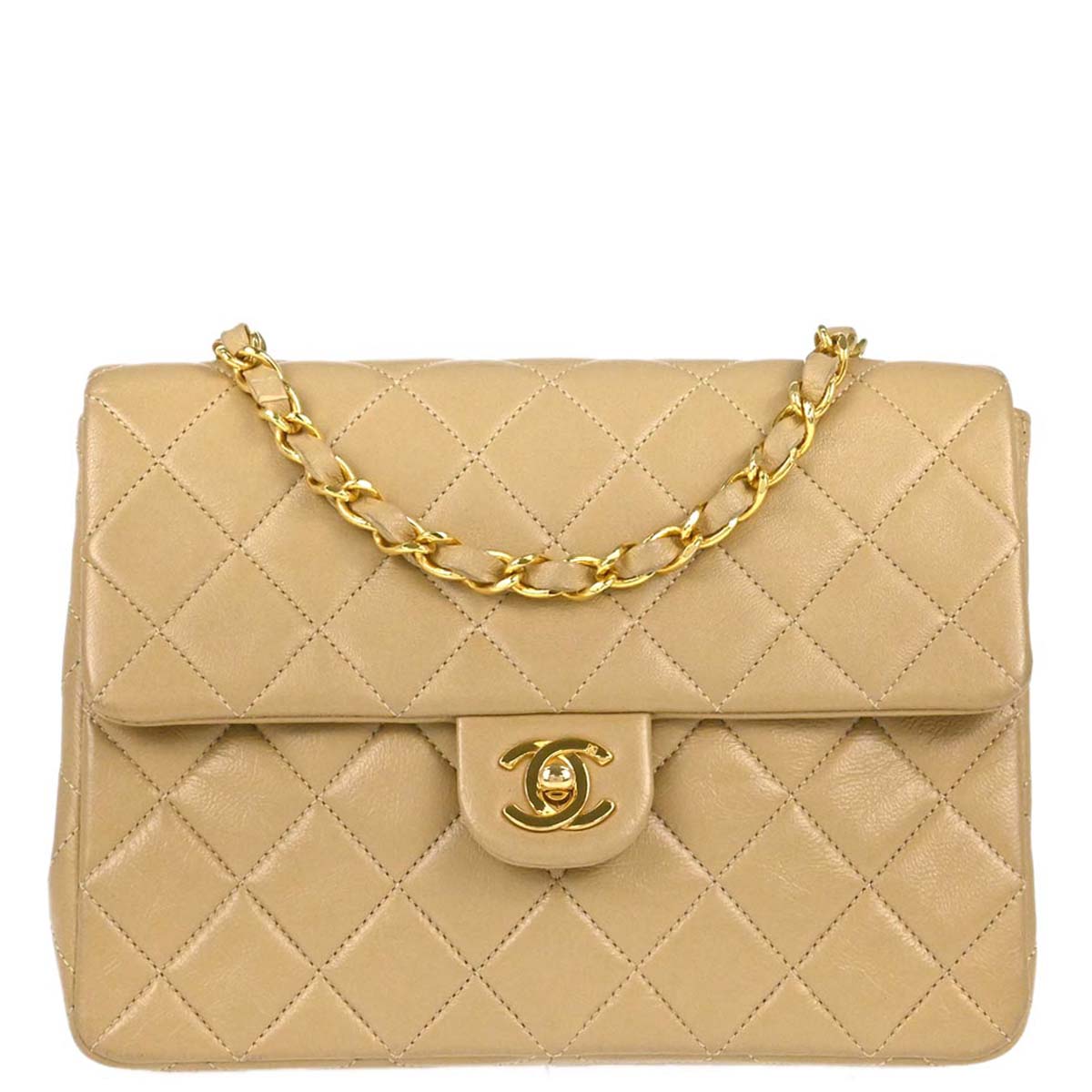 Chanel 1989-1991 Beige Lambskin Classic Square Flap Shoulder Bag 20
