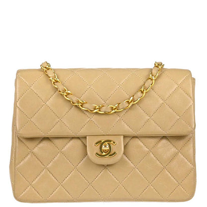 Chanel 1989-1991 Beige Lambskin Classic Square Flap Shoulder Bag 20
