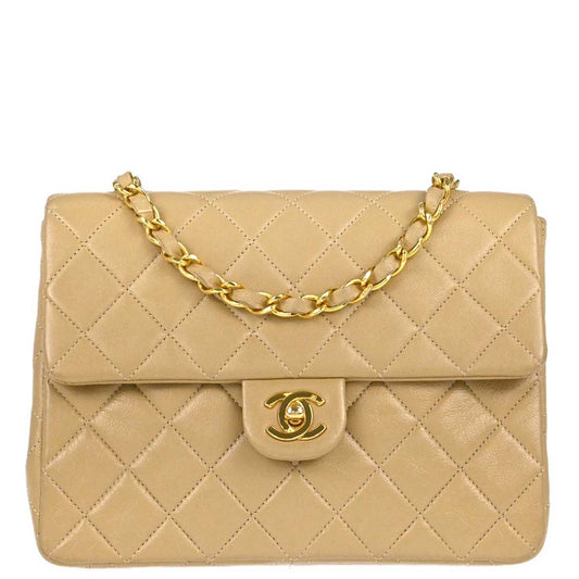 Chanel 1989-1991 Beige Lambskin Classic Square Flap Shoulder Bag 20
