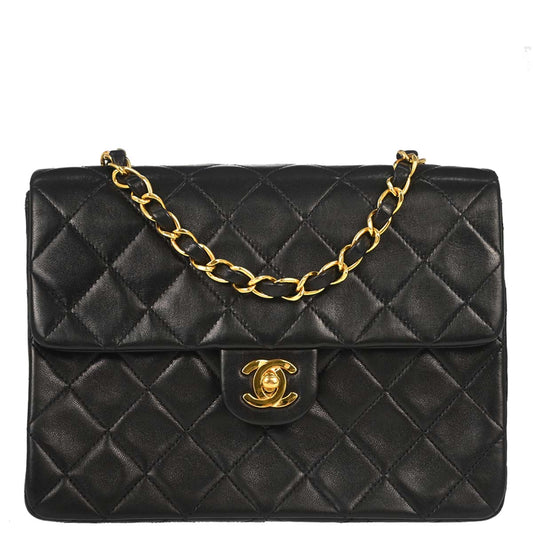 Chanel 1991-1994 Black Lambskin Classic Square Flap Shoulder Bag 20