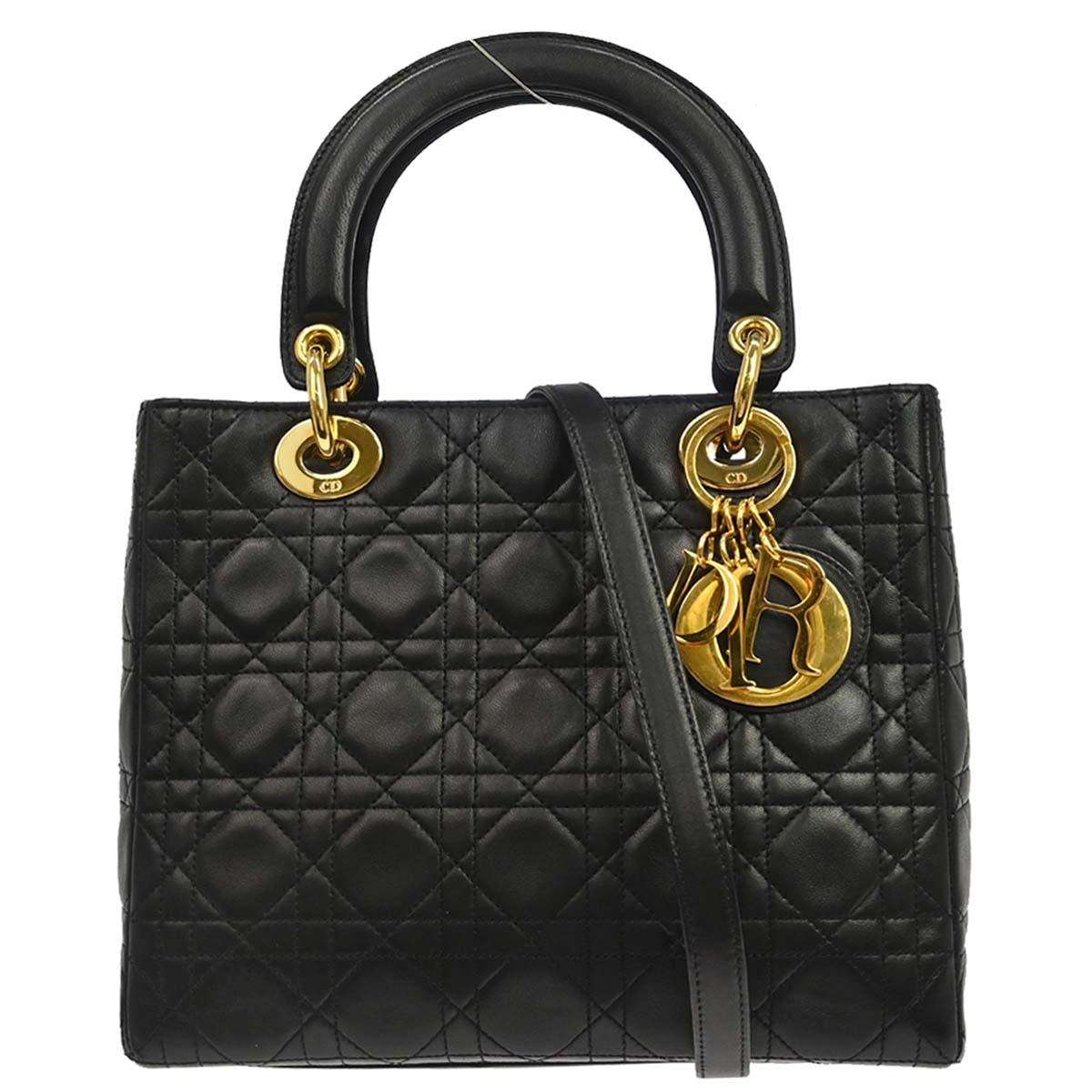Christian Dior 1997 Black Lambskin Medium Lady Dior Cannage 2way Shoulder Handbag