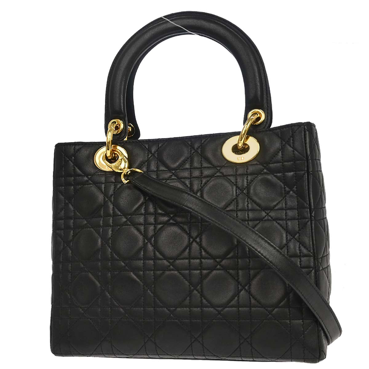 Christian Dior 1997 Black Lambskin Medium Lady Dior Cannage 2way Shoulder Handbag
