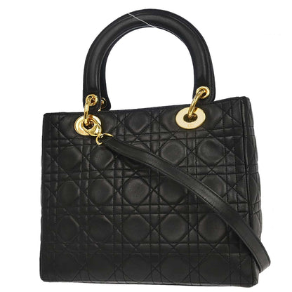 Christian Dior 1997 Black Lambskin Medium Lady Dior Cannage 2way Shoulder Handbag