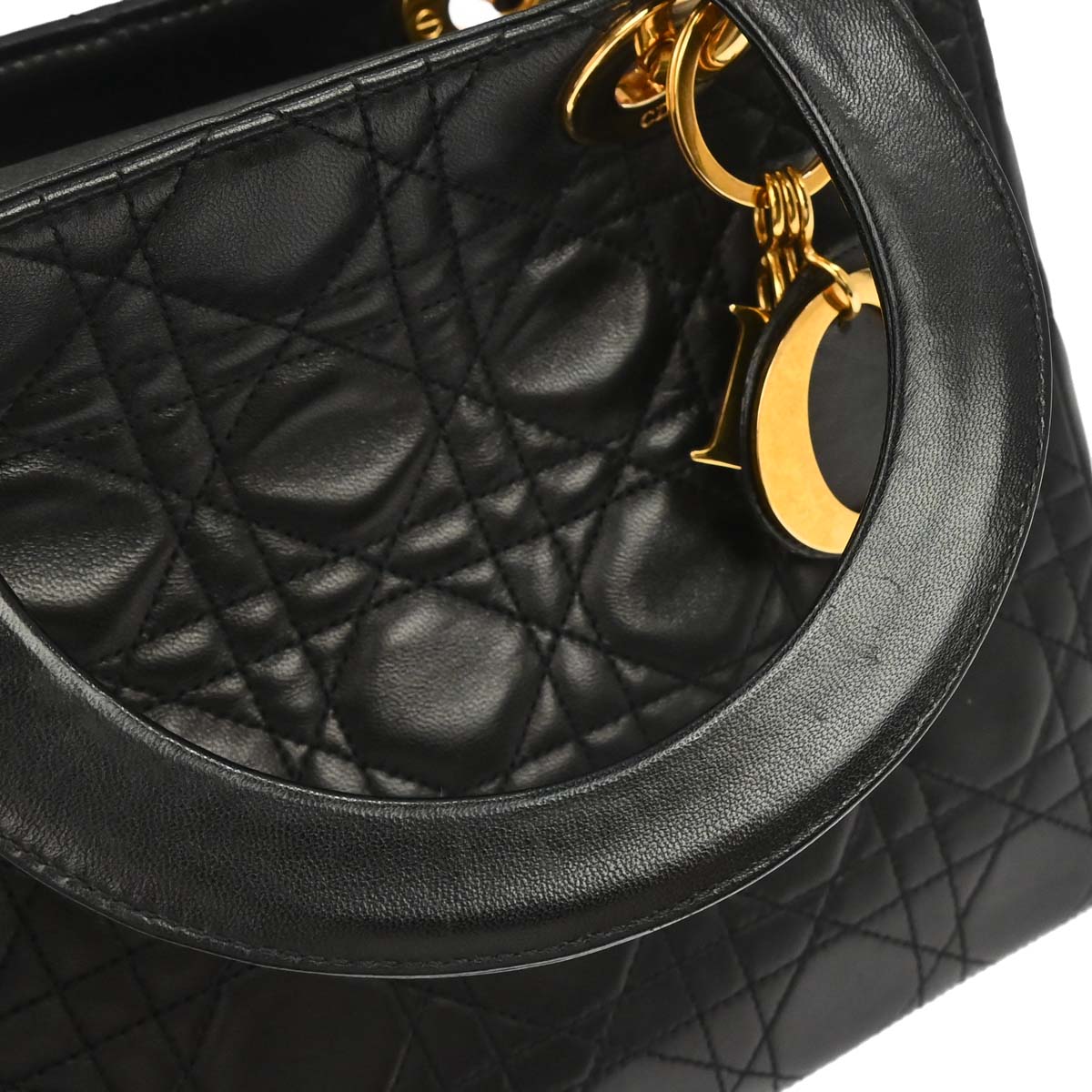Christian Dior 1997 Black Lambskin Medium Lady Dior Cannage 2way Shoulder Handbag