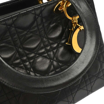 Christian Dior 1997 Black Lambskin Medium Lady Dior Cannage 2way Shoulder Handbag