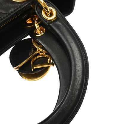 Christian Dior 1997 Black Lambskin Medium Lady Dior Cannage 2way Shoulder Handbag