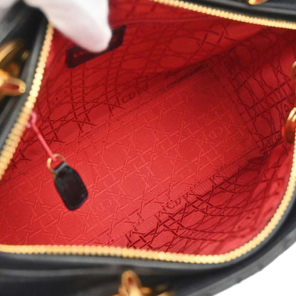 Christian Dior 1997 Black Lambskin Medium Lady Dior Cannage 2way Shoulder Handbag