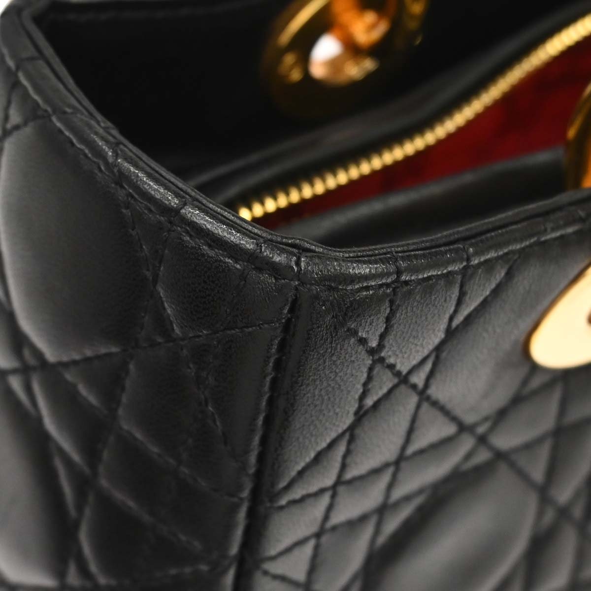 Christian Dior 1997 Black Lambskin Medium Lady Dior Cannage 2way Shoulder Handbag