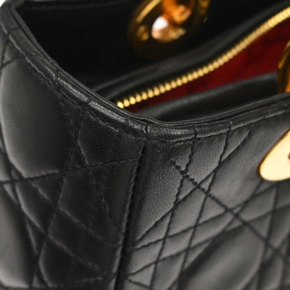 Christian Dior 1997 Black Lambskin Medium Lady Dior Cannage 2way Shoulder Handbag