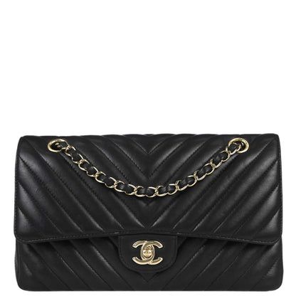 Chanel 2019 Black Lambskin Chevron Medium Classic Double Flap Shoulder Bag
