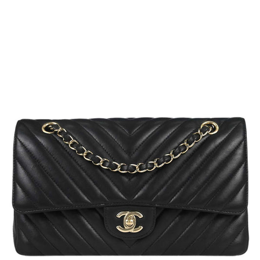 Chanel 2019 Black Lambskin Chevron Medium Classic Double Flap Shoulder Bag