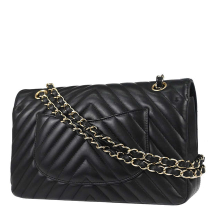 Chanel 2019 Black Lambskin Chevron Medium Classic Double Flap Shoulder Bag