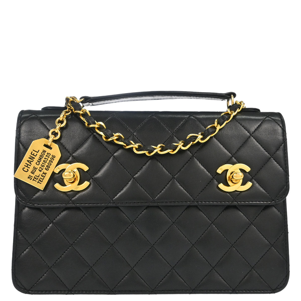 Chanel 1989-1991 Black Lambskin Double Turnlock 2way Shoulder Handbag