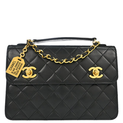 Chanel 1989-1991 Black Lambskin Double Turnlock 2way Shoulder Handbag