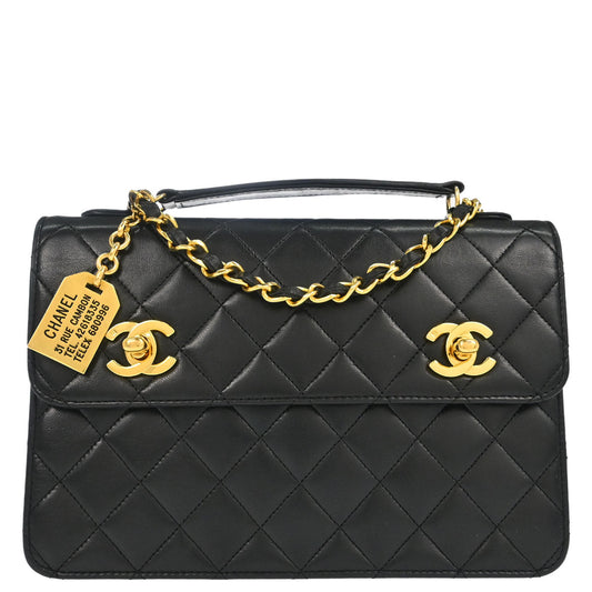 Chanel 1989-1991 Black Lambskin Double Turnlock 2way Shoulder Handbag