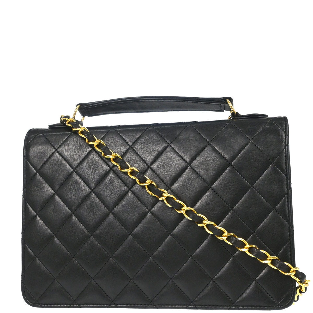 Chanel 1989-1991 Black Lambskin Double Turnlock 2way Shoulder Handbag