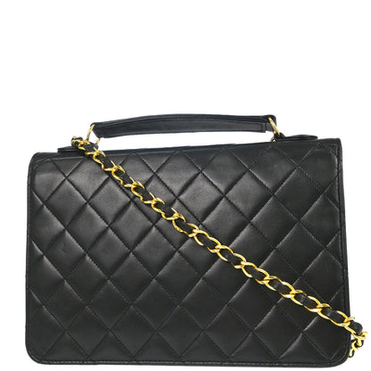 Chanel 1989-1991 Black Lambskin Double Turnlock 2way Shoulder Handbag